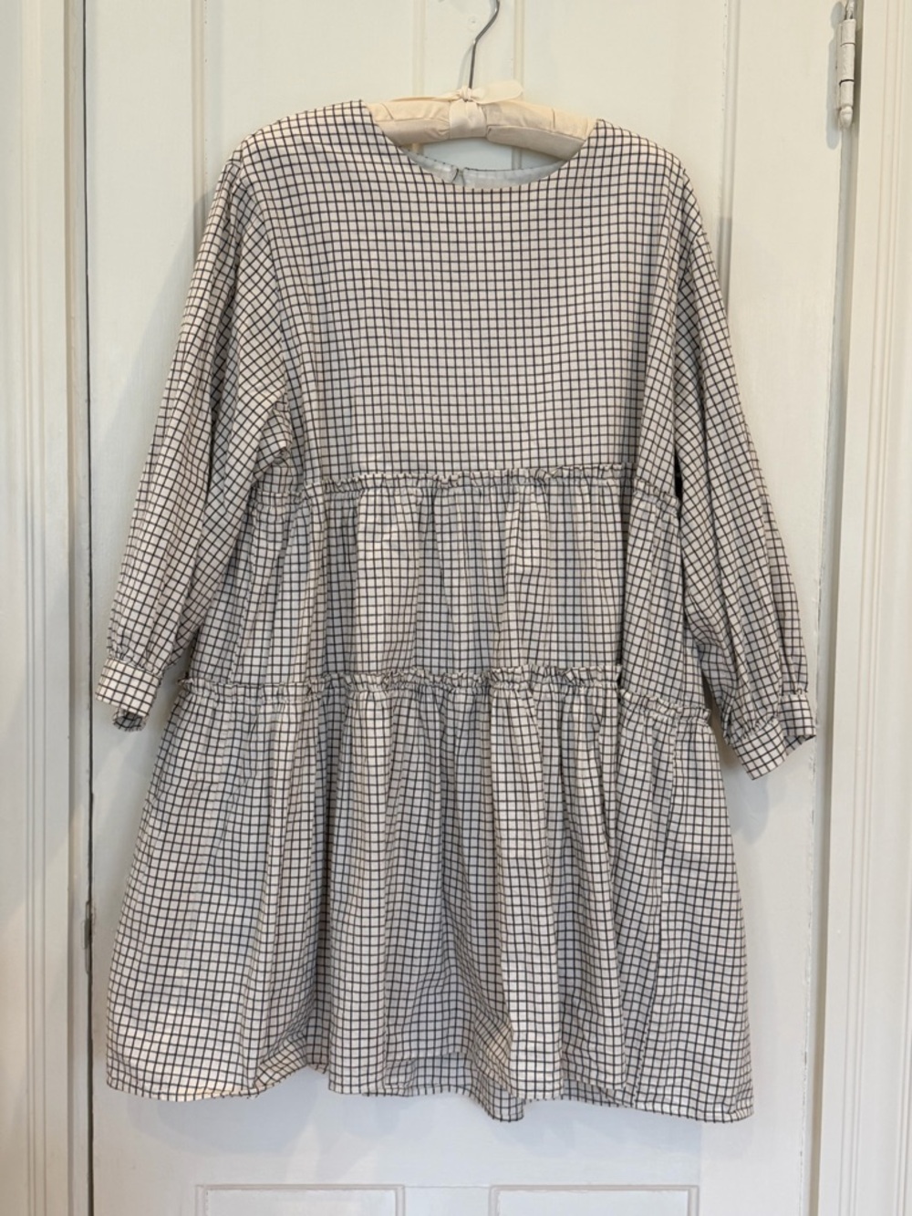 Checked Tiered Mini Dress in White & Black From Paris